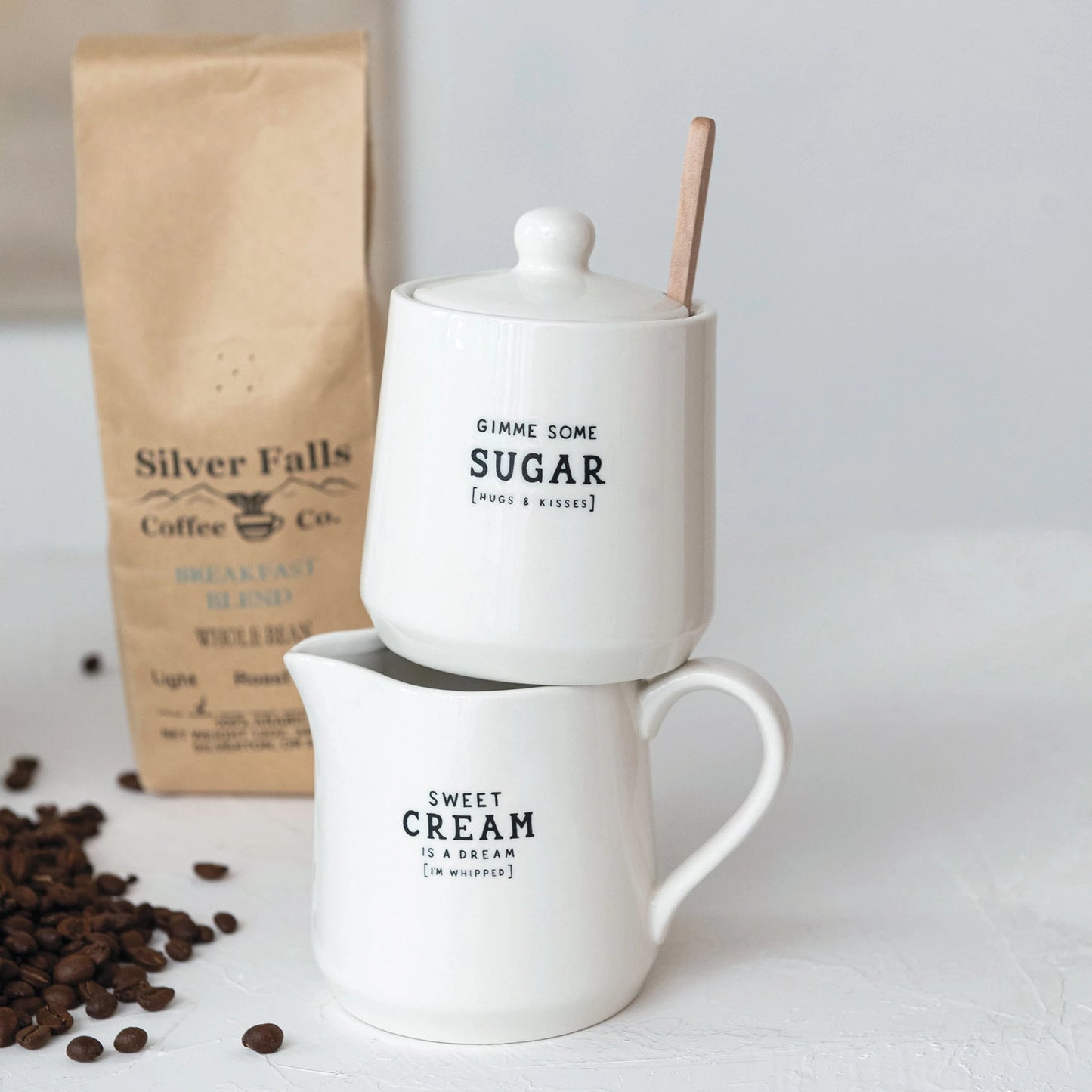 12 oz. Stoneware Creamer & 12 oz. Sugar Pot w/ Bamboo Spoon, Set of 3