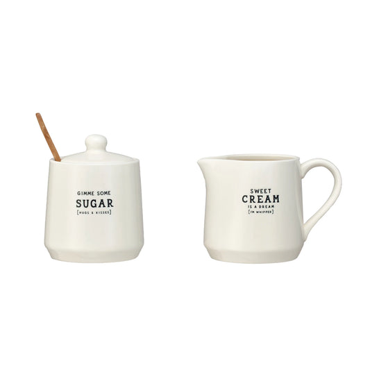 12 oz. Stoneware Creamer & 12 oz. Sugar Pot w/ Bamboo Spoon, Set of 3